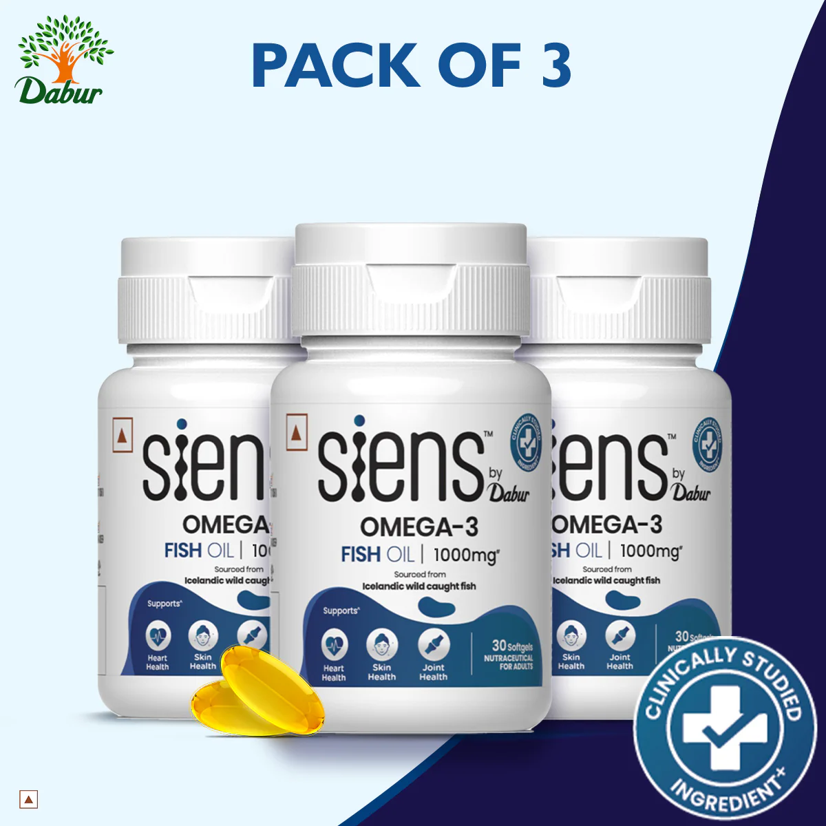 Siens By Dabur Omega-3 Capsules with Fish Oil | 180mg EPA & 120mg DHA | 30 soft gels | Supports Heart, Skin & Joint Health - Image 3